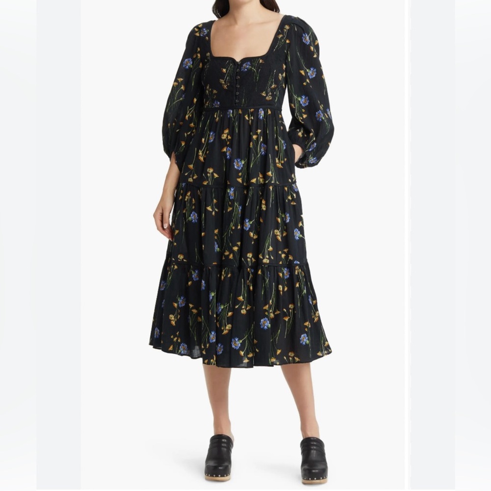Madewell Black Xiomara Floral Print Long Sleeve Cotton Dress Size 6.